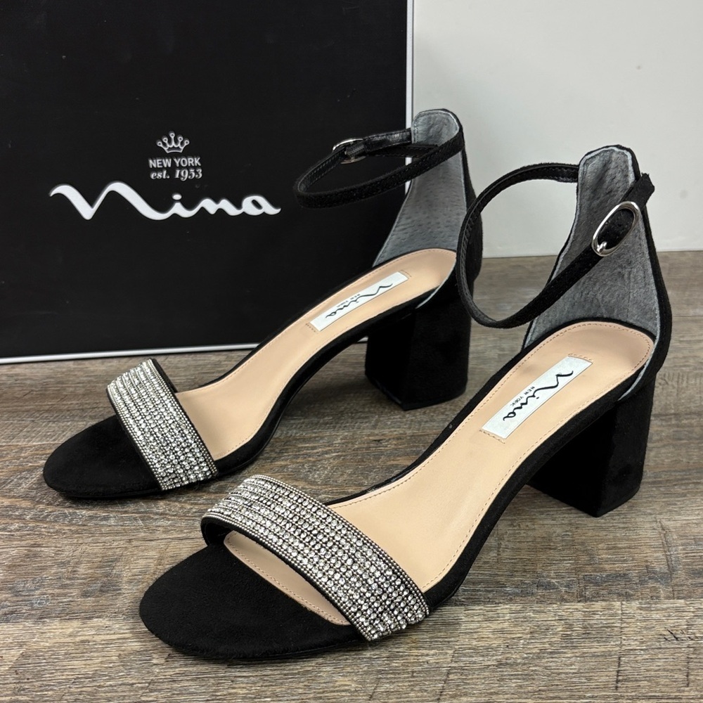 Nina “Eloise-FY” Black Glam Suede Block Heel Sandals (Size 8.5)